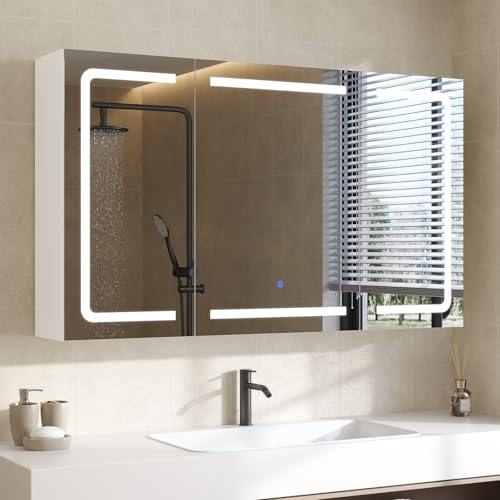 DICTAC Armario de Baño con Espejo,iluminación LED y Enchufe y Enchufe,Armario de Pared con 3 Puertas Espejos,Mueble Baño de Pared con Espejo y Estantes Ajustable,100 x 60 x 16cm, Blanco