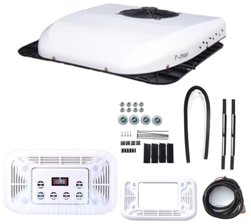 Climatiseur de toit pour véhicule récréatif, unité 24 V avec télécommande, climatisation semi-camion avec 6 sorties d'air rotatives, design monobloc, blanc