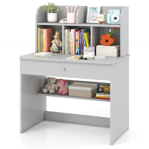 DREAMADE Schreibtisch Kinder aus Holz, Jugendschreibtisch mit Schublade & offener Ablagefächer & Regal, Schülerschreibtisch Kinderschreibtisch für Kinder ab 3 Jahren (Grau)