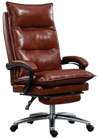 MESCXTY Bürostuhl aus echtem Leder mit einziehbarer Fußstütze, ergonomisch, vollständig verstellbar, bequemer Chefsessel mit hoher Rückenlehne und Drehfunktion, Braun