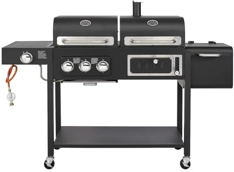Barbecue Hybride 4 Brûleurs - Gril Gaz et Fumeur à Charbon - 168x64x122cm - Grand Barbecue Acier Inoxydable pour Jardins, avec Thermomètre et Grille Chauffante(black)