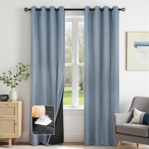 DriftAway Blackout Soundproof Thermal Insulated Linen Textured Curtains with Quilted Thermal Lining for Cold and Heat Blocking Noise Reducing Daytime Sleep 1 PC 52 Inches by 96 Inches Dusty Blue
