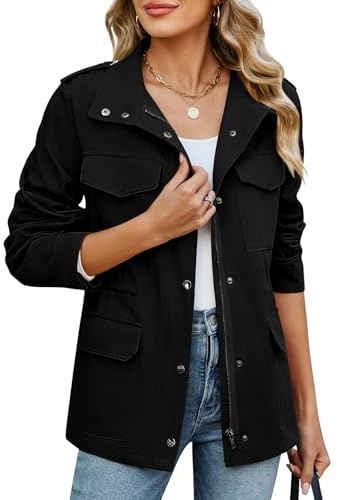 CMTOP Chaqueta Entretiempo Mujer Ligero Corto, Algodón Militar Chaquetas Sahariana Multibolsillos Cazadora, Elegante Casual Jacket Sólido Blouson para Primavera Otoño Verano(Negro,L)