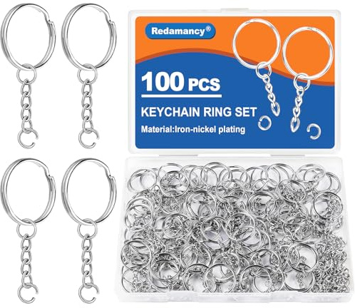 Redamancy 200 Pcs Anneaux Porte Clé, Kit Porte Clé, (100 Pièces Anneaux de Saut Ouverts+100 Pièces Porte Clef), Anneau Porte Clé Avec Chainette, pour Porte Clés et Loisirs Créatifs, Bricolage Bijoux