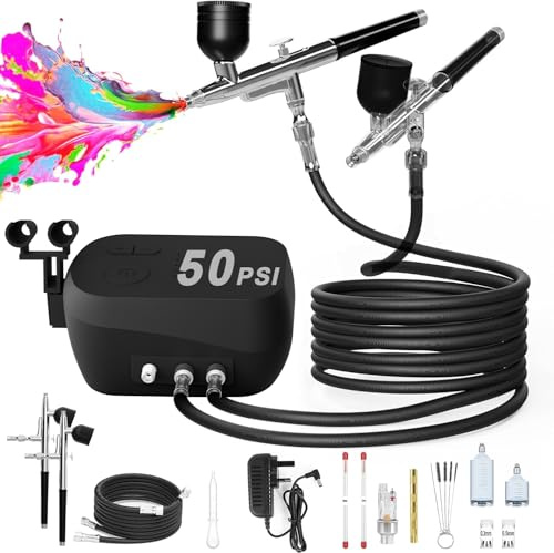 rhinowisdom Kit de aerógrafo, pistola de cepillo de aire de 50 PSI y compresor de aire con doble flujo de aire, 2 aerógrafos con boquilla de 0.2/0.3/0.5 mm, juegos de limpieza, ideal para modelar