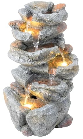 Outsunny Outdoor Water Fountain with 6-Tier Rock Style, Cascading Waterfall Feature with LED Lights, Adjustable Flow, Resin Freestanding Garden Fountain for Patio Garden, Grey