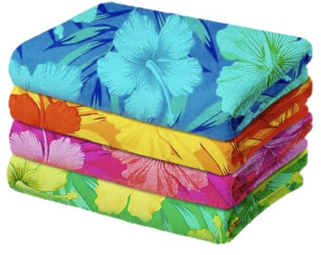 Kaufman - Colorful Hibiscus Beach Towels | 100% Cotton with Ends Hemmed | 30 x 60 | Colorful Soft & Absorbent Pool Towels for Adults and Kids | Fiber Reactive | 4 Pack
