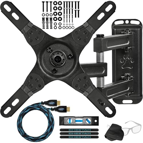 Cheetah TV Monitor Wall Mount for 12-55 Inch TVs up to 40 lbs, Includes 10 ft HDMI Cable, Tools-Free Tilt, Max VESA 200x200mm, Articulating Arm TV Bracket, Full Motion Swivel, Low Profile, Extends 15
