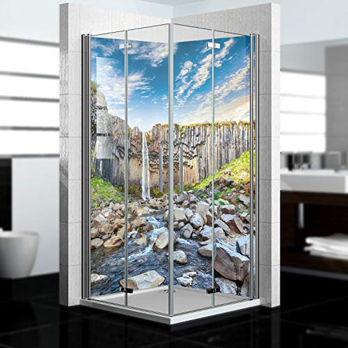 dedeco Eck-Duschrückwand wasserfest mit Wasserfall V12 Motiv - 2 x 90x200 cm, als Badrückwand zum Fliesenersatz, als Dekorwand, Wandverkleidung und Duschplatte aus Aluminium - Made in Germany