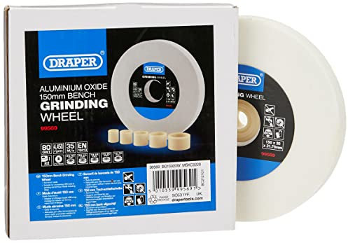Draper 99569 Aluminiumoxid-Schleifscheibe, Körnung 80, HSS-Werkzeugschärfer, 5 Reduzierringe, Trockenschnitt, 31,75 mm Bohrung, 150 x 20 mm