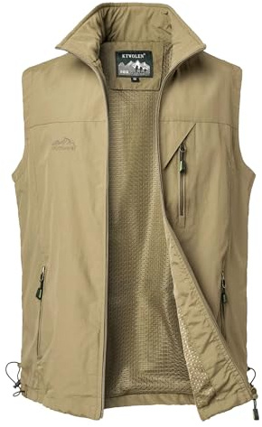 KTWOLEN Gilet à Séchage Rapide pour Hommes Gilet de Pêche Respirant Gilets de Photographie Chasse Léger Veste sans Manche Gilets de Randonnée, Kaki, XXL
