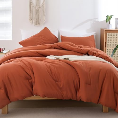 ROSGONIA Juego de edredón color terracota tamaño King, 3 piezas (1 edredón y 2 fundas de almohada), juego de edredón de color liso óxido simple para mujeres y hombres, edredón reversible de microfibra