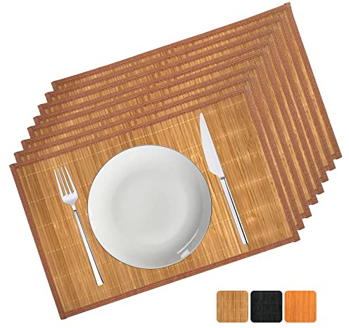 ANDSTAR Bamboo Placemats Set of 8, 17.7x11.8 Inch with Brown Fabric Border - Non-Slip & Heat Resistant, Stain-Resistant Japanese Style Table Mats for Dining Room, Kitchen Decor(Coffee)