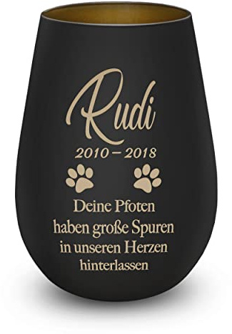 Trauerlicht Hund Katze personalisiert Gravur Name Datum Gedenklicht Schwarz | Windlicht, Erinnerung, Grablicht, Kistallglas mit Personalisierung, würdevolles Andenken, Trauergeschenk, mit Pfoten