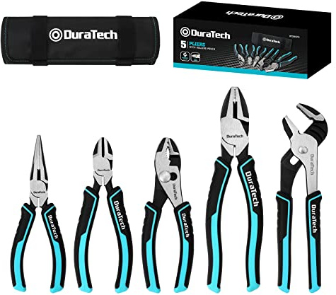 DURATECH 5-Piece Cr-Ni Pliers Set, 6 Long Nose, Slip Joint, Diagonal Cutting, 8 Linesman, Groove Joint Pliers, Easy Storage Oxford Rolling Pouch