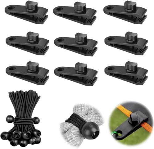 QINGHEC 10 Sets Heavy Duty Tarpaulin Clips, Tent Clips, Awning Clamp, Linoleum Awning Clamp with Bungee Balls for Outdoor Camping, Tarpaulin, Caravan Canopies