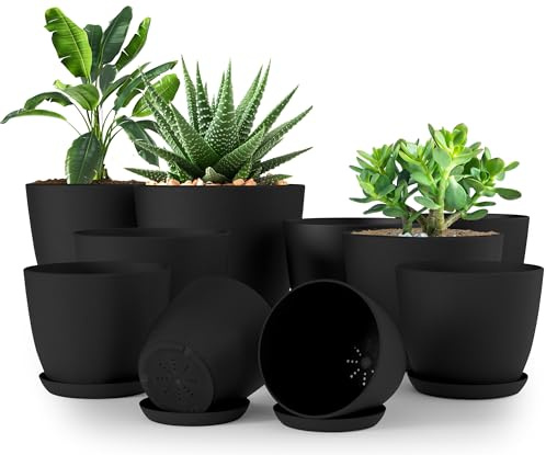 Utopia Home Paquete de 10 macetas 18/17/15/13/12 cm Maceta con platillo para la Cocina, balcón, Plantas de jardín, macetas de vivero de Interior Negro.