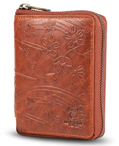 MATADOR Karten Portemonnaie Damen Leder #Granada mit edler Geschenk Box, Elegante Geldbörse Leder mit RFID Schutz, Luxus Geldbörse Damen Viele Kartenfächer und Reißverschluss in Blumen Braun