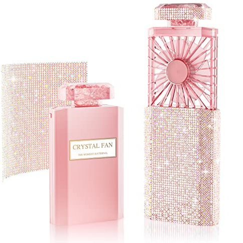 Mini Handheld Fan, Portable Hand Fan, Rechargeable Fan Powerful Airflow Pull-out of 3 Speed, Desk Fan Gifts for Women, Compatible for Outdoor Queue Office Diamond Pink