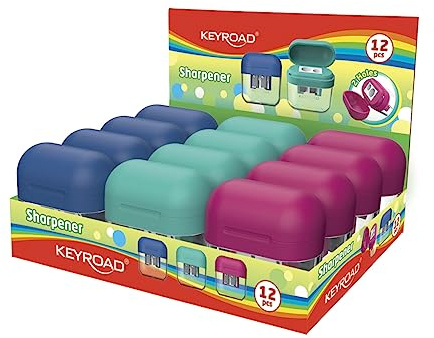 KEYROAD Ergonomischer Doppel-Anspitzer mit Behälter/ 12 Stück/aus Kunststoff/Klingen aus Stahl/von Bleistiften und Buntstiften/Mischfarben