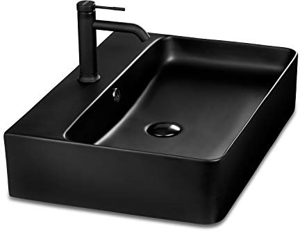 STILFORM Berlin Waschbecken aus feinster Keramik in Schwarz für Wandmontage oder als Aufsatzwaschbecken in 60x42 cm mit Hahnloch modern und elegant