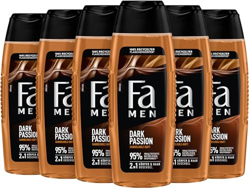 FA Men Duschgel Dark Passion (6x 250ml), 2in1 für Körper & Haar, mit dem maskuliner Duft von verführerischem Sandelholz & orientalischen Gewürzen, milde und vegane Formel