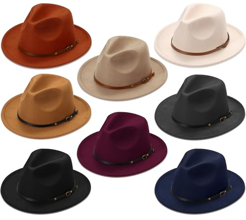 Unittype Felt Hats for Women Bulk Wide Brim Hat Boho Panama Style with Adjustable Buckle Vintage Gifts for Mom Teacher(Elegant Color,8 Pcs)
