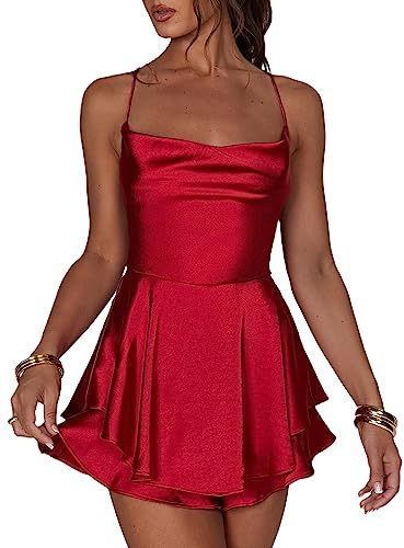 Acrawnni Women Satin Backless Mini Romper Dress Cowl Neck Tie Ruffle Layer Spaghetti Strap Cami Playsuits Jumpsuit Mini Dress with Shorts (A-Red, L)
