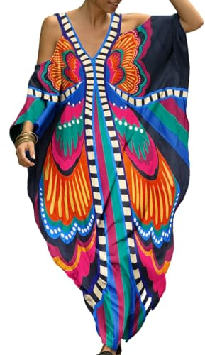 Bsubseach Plus Size Kaftan Cover ups per Costumi da Bagno delle Donne della Spalla Fredda Costume da Bagno Copertura su Abito Caftan Farfalla Colorata
