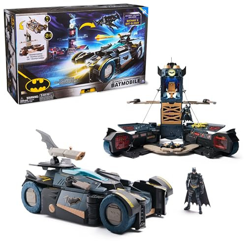DC Comics - Ultimate Transforming Batmobile mit Batmanfigur (10cm), 1 Pfeil-Katapult, Lichteffekten, Soundeffekten, per Knopfdruck zur Batcave transformierbar. Ab 4 Jahren