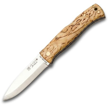 Joker Artica Klappmesser 8 cm, Sandvik 14C28N Stahl, Back Lock, Scandi Schliff, Outdoor Bushcraft Messer, Made in Spanien (Gekräuselte Birke)