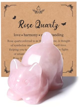 JSDDE Rose Quartz Crystal Cat Figurine for Cats Lovers Cute Gemstone Ornaments for Home Office Cat Statue Gifts