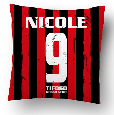 love print Cuscino Tifoso Calcio Serie a Tifoso Interista,Milanista, Romanista con nome e numero personalizzabile logo Stampa full print (40X40 QUADRATO) (Tifoso Milanista)