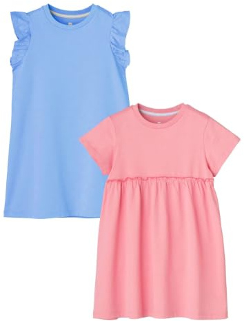LAPASA Robes d’Été Fille Lot de 2 100% Coton Col Rond Manches Courtes à Volants Robes Décontractées pour Enfants de 3 à 13 Ans G20
