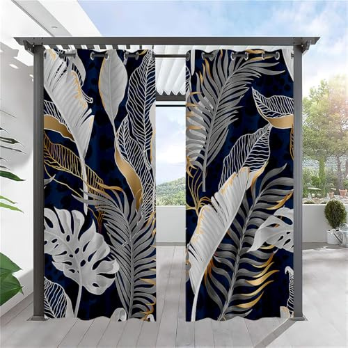 Treer Tenda da Esterno Impermeabile con Occhielli 2 Pezzi, Fogliame Tende per Gazebo Balcone Esterno Oscurante,Tende per Esterni con Anelli per Balconi (W137x L274cm,Foglie di banano)