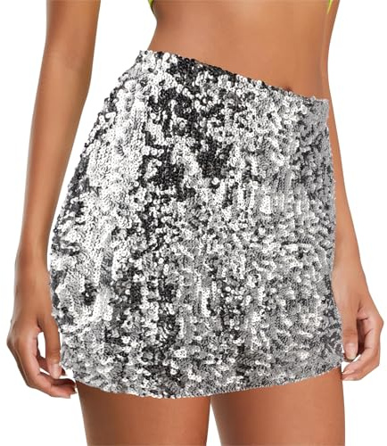 Lancry Gonna con paillettes argentate da donna, minigonne elastiche aderenti brillanti scintillanti, gonna corta glitterata lucida da costume per feste serali, S