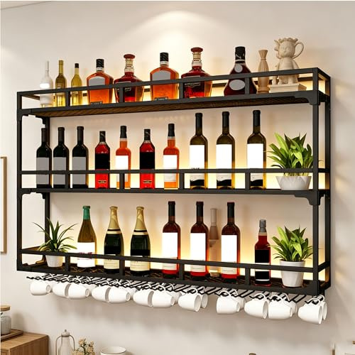 WXZXWXZX Botellero Vino Pared Garrafeira de Vino con Luz Wine Rack Mueble Botellero Barra Cocina Mini Bar Estanteria Cocina para Bar Comedor(Nero,120cm(47.24in))