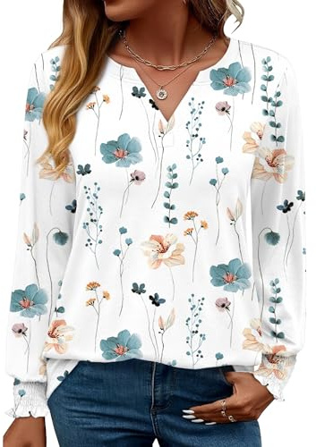 Rapbin Women Tops Long Sleeve V-Neck Casual T Shirt Ruffle Sleeve Elegant Blouse Tunic of Autumn (12-14,White with Blue Floral)