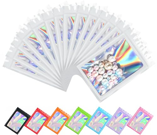 Plaphy 100 Sacchetti Olografici in Alluminio con Finestra (Bianco,16x24cm) | Buste Olografiche in Mylar per Alimenti,Bustine Ermetiche Colorate con Zip Richiudibili per il Confezionamento,Conservazione