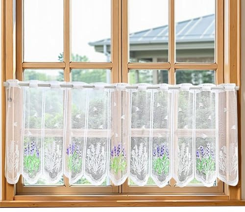 Net Curtain Voile Short Bistro Curtain - 1 Piece Lace Curtains with Lavender Pattern, Translucent Short Curtains with Embroidery, Short Hollow Embroidery Curtains, Kitchen (W x H 200 x 50 cm)