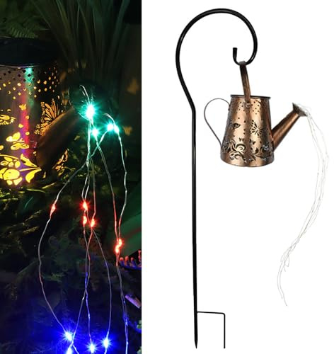 Regadera con luz solar, regadera solar con luces en cascada, lámparas de patio, luces en cascada de mariposa, luces de metal iluminadas para decoración de paisaje de patio