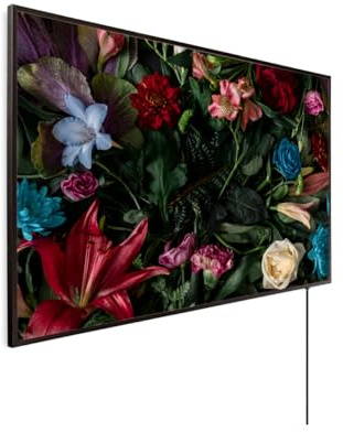 Könighaus Bildheizung 300 Watt - Thermostat - 3-8 m² | Motiv: Stillleben Blume, schwarzer Rahmen, TÜV SÜD, 5 Jahre Garantie, HD-Qualität, Überhitzungsschutz