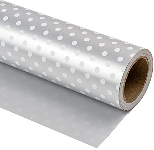 RUSPEPA Vändbart omslagspapper – minirulle – 43,2 cm x 10 m – silvertryck och prickig design för födelsedag, bröllop, babyshower