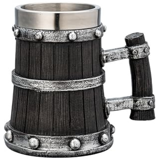 Handgefertigter Bierkrug im Retro-Design, isoliert, rostfreier Stahl, große Kapazität, Becher für Retro-Küche, Barzubehör, stabile harzbeschichtete Außenseite, handgefertigt, Holz wie Bierkrüge