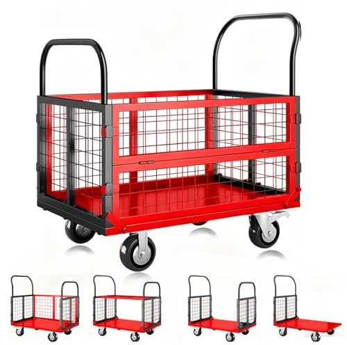 6 in 1 Foldable Platform Truck Cart with Cage, 1800Lbs Capacity Heavy Duty Push Cart Dolly, Moving Flatbed Hand Truck Dolly Cart Multipurpose for Grocery, Laundry, Garage, Warehouse, Black and Red