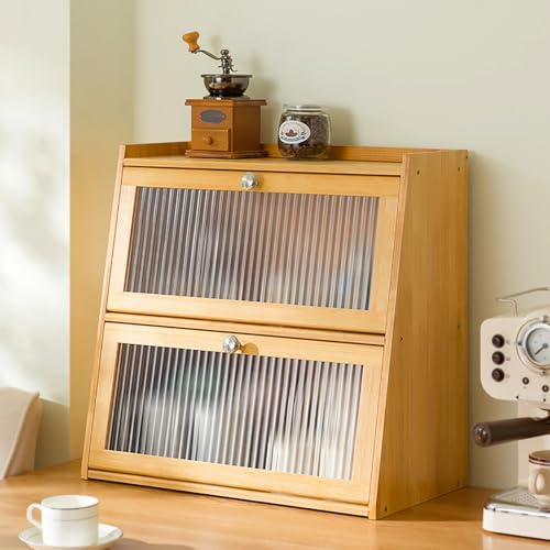 SanBouSi Pequeño aparador de bambú para encimera, armario de cocina con puerta de acrílico, panera para tarros de especias, utensilios de cocina, tazas, accesorios (natural)