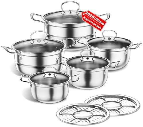 Set di pentole in acciaio inossidabile, set di pentole a induzione da cucina da 12 pezzi, funziona con piani cottura a induzione/gas, set da con coperchio in vetro,non patinato (Argento E)
