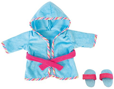 Bayer Design Puppenkleidung, Bademantel mit Schlappen für Puppen Circa 36-38 cm, Puppenzubehör, blau, rosa