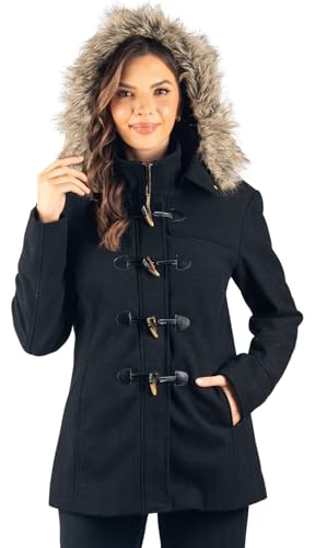 alpine swiss Duffy Womens Black Wool Coat Fur Trim Hooded Parka Jacket Small