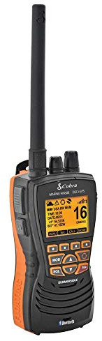Cobra MR HH600FLTBTGPS Handheld Floating VHF Marine Radio – 6 Watt, GPS, Bluetooth, Submersible, Noise Cancelling Mic, Backlit LCD Display, Memory Scan, Grey